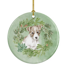 Load image into Gallery viewer, Jack Russell Terrier Puppy Chestnut and White Christmas Wreath Ceramic Ornament
