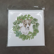 Load image into Gallery viewer, Jack Russell Terrier Puppy Chestnut and White with Christmas Wreath Square Greeting Cards -  Blank Note Cards – 8-Pack of Artist-Designed Cards with Envelopes