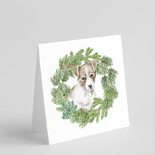 Load image into Gallery viewer, Jack Russell Terrier Puppy Chestnut and White with Christmas Wreath Square Greeting Cards -  Blank Note Cards – 8-Pack of Artist-Designed Cards with Envelopes