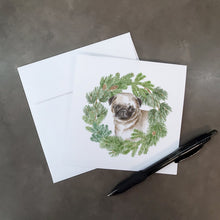 Load image into Gallery viewer, Pug Puppy Fawn with Christmas Wreath Square Greeting Cards -  Blank Note Cards – 8-Pack of Artist-Designed Cards with Envelopes