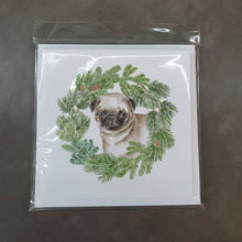 Load image into Gallery viewer, Pug Puppy Fawn with Christmas Wreath Square Greeting Cards -  Blank Note Cards – 8-Pack of Artist-Designed Cards with Envelopes