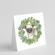 Load image into Gallery viewer, Pug Puppy Fawn with Christmas Wreath Square Greeting Cards -  Blank Note Cards – 8-Pack of Artist-Designed Cards with Envelopes