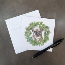 Load image into Gallery viewer, Pug Puppy Fawn Head Tilt with Christmas Wreath Square Greeting Cards -  Blank Note Cards – 8-Pack of Artist-Designed Cards with Envelopes