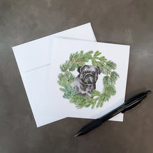 Load image into Gallery viewer, Pug Black with Christmas Wreath Square Greeting Cards -  Blank Note Cards – 8-Pack of Artist-Designed Cards with Envelopes