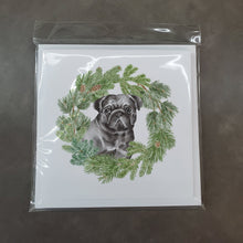 Load image into Gallery viewer, Pug Black with Christmas Wreath Square Greeting Cards -  Blank Note Cards – 8-Pack of Artist-Designed Cards with Envelopes