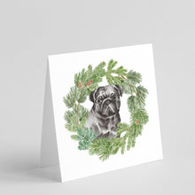 Load image into Gallery viewer, Pug Black with Christmas Wreath Square Greeting Cards -  Blank Note Cards – 8-Pack of Artist-Designed Cards with Envelopes