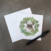 Load image into Gallery viewer, Pug Fawn with Christmas Wreath Square Greeting Cards -  Blank Note Cards – 8-Pack of Artist-Designed Cards with Envelopes