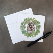 Load image into Gallery viewer, German Shepherd Puppy Smiling with Christmas Wreath Square Greeting Cards -  Blank Note Cards – 8-Pack of Artist-Designed Cards with Envelopes