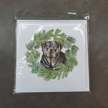 Load image into Gallery viewer, Rottweiler with Christmas Wreath Square Greeting Cards -  Blank Note Cards – 8-Pack of Artist-Designed Cards with Envelopes