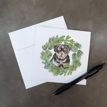 Load image into Gallery viewer, Rottweiler Puppy with Christmas Wreath Square Greeting Cards -  Blank Note Cards – 8-Pack of Artist-Designed Cards with Envelopes