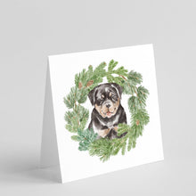 Load image into Gallery viewer, Rottweiler Puppy with Christmas Wreath Square Greeting Cards -  Blank Note Cards – 8-Pack of Artist-Designed Cards with Envelopes