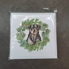 Load image into Gallery viewer, Rottweiler Sitting Tall with Christmas Wreath Square Greeting Cards -  Blank Note Cards – 8-Pack of Artist-Designed Cards with Envelopes