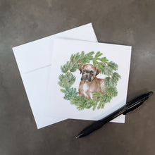 Load image into Gallery viewer, Boxer Puppy Fawn with Christmas Wreath Square Greeting Cards -  Blank Note Cards – 8-Pack of Artist-Designed Cards with Envelopes