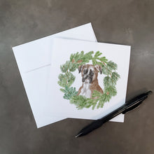 Load image into Gallery viewer, Boxer Fawn with Christmas Wreath Square Greeting Cards -  Blank Note Cards – 8-Pack of Artist-Designed Cards with Envelopes