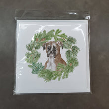 Load image into Gallery viewer, Boxer Fawn with Christmas Wreath Square Greeting Cards -  Blank Note Cards – 8-Pack of Artist-Designed Cards with Envelopes