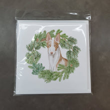 Load image into Gallery viewer, Ibizan Hound Sitting Tall with Christmas Wreath Square Greeting Cards -  Blank Note Cards – 8-Pack of Artist-Designed Cards with Envelopes