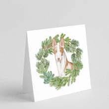 Load image into Gallery viewer, Ibizan Hound Sitting Tall with Christmas Wreath Square Greeting Cards -  Blank Note Cards – 8-Pack of Artist-Designed Cards with Envelopes