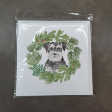 Load image into Gallery viewer, Schnauzer Black and Silver with Christmas Wreath Square Greeting Cards -  Blank Note Cards – 8-Pack of Artist-Designed Cards with Envelopes