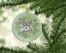 Load image into Gallery viewer, Schnauzer Puppy Black and Silver Christmas Wreath Ceramic Ornament