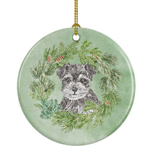 Load image into Gallery viewer, Schnauzer Puppy Black and Silver Christmas Wreath Ceramic Ornament