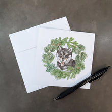 Load image into Gallery viewer, Shiba Inu Puppy Black Sesame with Christmas Wreath Square Greeting Cards -  Blank Note Cards – 8-Pack of Artist-Designed Cards with Envelopes