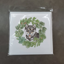 Load image into Gallery viewer, Shiba Inu Puppy Black Sesame with Christmas Wreath Square Greeting Cards -  Blank Note Cards – 8-Pack of Artist-Designed Cards with Envelopes