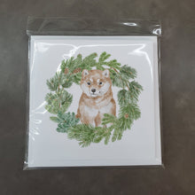 Load image into Gallery viewer, Shiba Inu Puppy Sitting Pretty with Christmas Wreath Square Greeting Cards -  Blank Note Cards – 8-Pack of Artist-Designed Cards with Envelopes