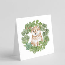Load image into Gallery viewer, Shiba Inu Puppy Sitting Pretty with Christmas Wreath Square Greeting Cards -  Blank Note Cards – 8-Pack of Artist-Designed Cards with Envelopes
