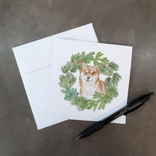 Load image into Gallery viewer, Shiba Inu Sitting Pretty with Christmas Wreath Square Greeting Cards -  Blank Note Cards – 8-Pack of Artist-Designed Cards with Envelopes