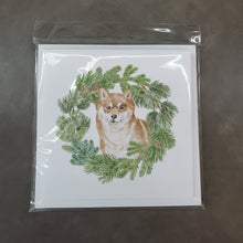 Load image into Gallery viewer, Shiba Inu Sitting Pretty with Christmas Wreath Square Greeting Cards -  Blank Note Cards – 8-Pack of Artist-Designed Cards with Envelopes