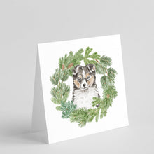 Load image into Gallery viewer, Sheltie/Shetland Sheepdog Puppy Tricolor with Christmas Wreath Square Greeting Cards -  Blank Note Cards – 8-Pack of Artist-Designed Cards with Envelopes