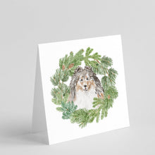 Load image into Gallery viewer, Sheltie/Shetland Sheepdog Tricolor Smiling #1 with Christmas Wreath Square Greeting Cards -  Blank Note Cards – 8-Pack of Artist-Designed Cards with Envelopes