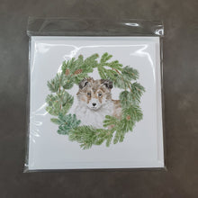 Load image into Gallery viewer, Sheltie/Shetland Sheepdog Puppy Sable with Christmas Wreath Square Greeting Cards -  Blank Note Cards – 8-Pack of Artist-Designed Cards with Envelopes