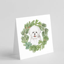 Load image into Gallery viewer, Bichon Frise Smiling with Christmas Wreath Square Greeting Cards -  Blank Note Cards – 8-Pack of Artist-Designed Cards with Envelopes
