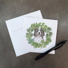 Load image into Gallery viewer, English Springer Spaniel Tricolor with Christmas Wreath Square Greeting Cards -  Blank Note Cards – 8-Pack of Artist-Designed Cards with Envelopes