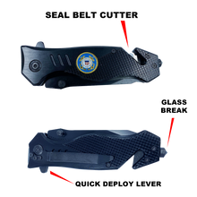 Load image into Gallery viewer, Coastie collectible USCG 3-in-1 Police Tactical Rescue knife tool for U.S. Coast Guard with Seatbelt Cutter, Steel Serrated Blade, Glass Breaker
