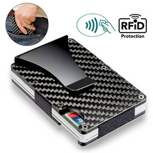 Load image into Gallery viewer, Black Carbon Fiber Wallet Money Clip RFID Blocking Front Pocket Wallet Premium Minimalist Wallets for Men Minimalist Slim Credit Card Holder Business Card Holder Mens Aluminum Metal Wallet