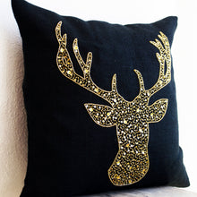 Load image into Gallery viewer, Christmas Burlap Pillow Cover with Gold Deer Sequins Embroidery