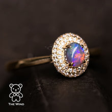 Load image into Gallery viewer, Classic Halo Design Australian Black Opal Diamond Engagement Ring 18K Yellow Gold