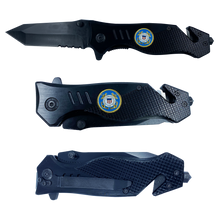 Load image into Gallery viewer, Coastie collectible USCG 3-in-1 Police Tactical Rescue knife tool for U.S. Coast Guard with Seatbelt Cutter, Steel Serrated Blade, Glass Breaker