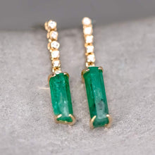 Load image into Gallery viewer, Beautiful Colombian Raw Emerald Diamond Drop Earrings in 18K Yellow Gold