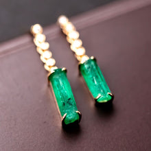 Load image into Gallery viewer, Beautiful Colombian Raw Emerald Diamond Drop Earrings in 18K Yellow Gold