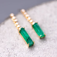 Load image into Gallery viewer, Beautiful Colombian Raw Emerald Diamond Drop Earrings in 18K Yellow Gold