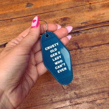 Load image into Gallery viewer, Crusty Old Gen X Lady Who Can't Even Keychain and Tote Bag Bundle | Motel Style Keyholder and Black Canvas Tote