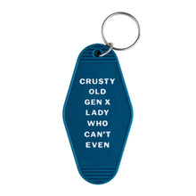 Load image into Gallery viewer, Crusty Old Gen X Lady Who Can't Even Keychain and Tote Bag Bundle | Motel Style Keyholder and Black Canvas Tote