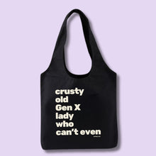 Load image into Gallery viewer, Crusty Old Gen X Lady Who Can't Even Keychain and Tote Bag Bundle | Motel Style Keyholder and Black Canvas Tote