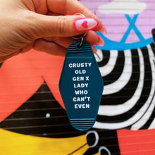 Load image into Gallery viewer, Crusty Old Gen X Lady Who Can't Even Keychain and Tote Bag Bundle | Motel Style Keyholder and Black Canvas Tote