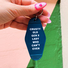 Load image into Gallery viewer, Crusty Old Gen X Lady Who Can't Even Keychain and Tote Bag Bundle | Motel Style Keyholder and Black Canvas Tote