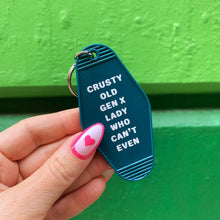 Load image into Gallery viewer, Crusty Old Gen X Lady Who Can't Even Keychain and Tote Bag Bundle | Motel Style Keyholder and Black Canvas Tote