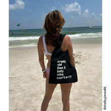 Load image into Gallery viewer, Crusty Old Gen X Lady Who Can't Even Slouchy Canvas Tote in Black